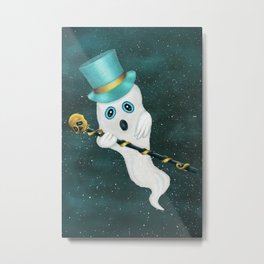 Floating Ghost Top Hat Skull Cane in Night Sky Metal Print | Floatingghost, Whiteghost, Goldtrim, Acrylic, Halloween, Hazysky, Tinywhitestars, Nightsky, Ghostinsky, Mistysky 