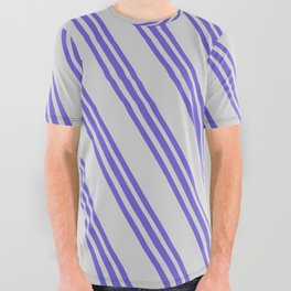 [ Thumbnail: Slate Blue and Light Gray Colored Lined Pattern All Over Graphic Tee ]
