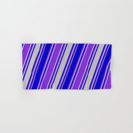 [ Thumbnail: Grey, Blue & Purple Colored Stripes Pattern Hand & Bath Towel ]