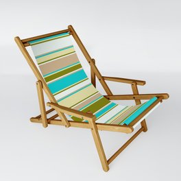 [ Thumbnail: Colorful Dark Turquoise, Pale Goldenrod, Green, Mint Cream & Tan Colored Lined/Striped Pattern Sling Chair ]