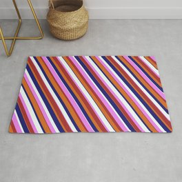 [ Thumbnail: Eyecatching Chocolate, Midnight Blue, Mint Cream, Violet & Brown Colored Lines Pattern Rug ]
