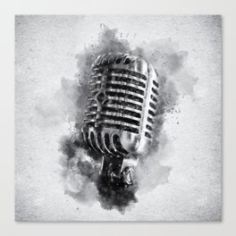 Classic Vintage Chrome Microphone in Black and White Watercolor Canvas Print