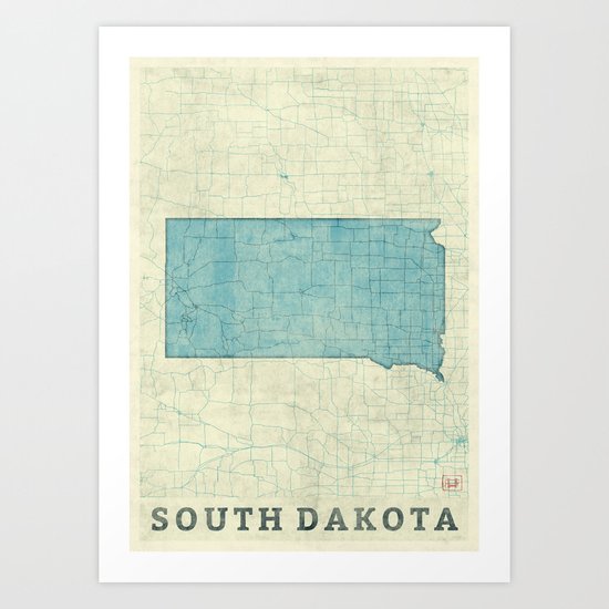 South Dakota State Map Blue Vintage Art Print