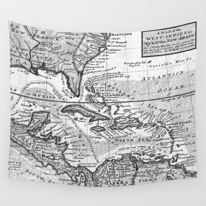 Vintage Map of the Caribbean (1732) BW Wall Tapestry by BravuraMedia  Society6