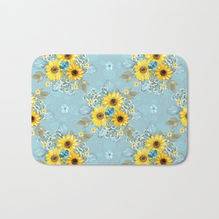 Beautiful Blue & Yellow Sunflowers Bath Mat