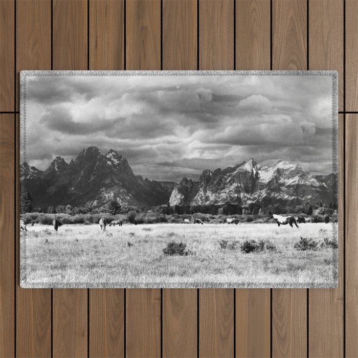 Horse and Grand Teton (Black and White) Outdoor Rug