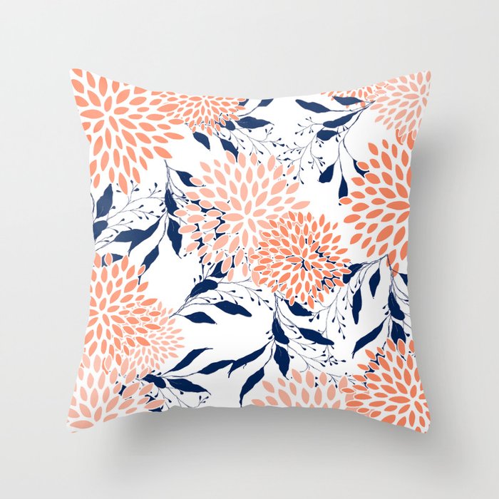 Floral Prints and Leaves, White, Coral and Navy Throw Pillow
