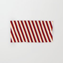 [ Thumbnail: Cornflower Blue, Dark Red, and Bisque Colored Lines Pattern Hand & Bath Towel ]