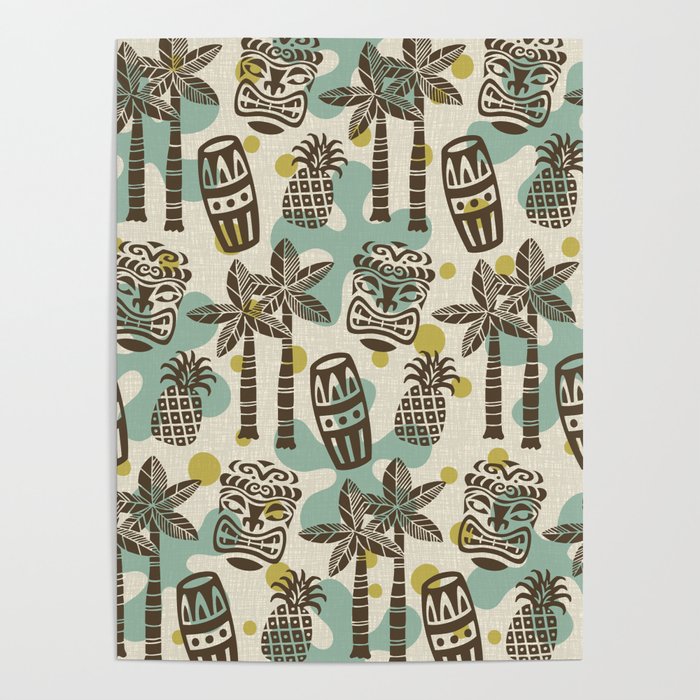 Tiki Pattern 536 Brown Turquoise Olive Green and Beige Poster