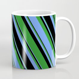 [ Thumbnail: Forest Green, Cornflower Blue & Black Colored Lines Pattern Coffee Mug ]