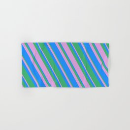 [ Thumbnail: Blue, Sea Green, and Plum Colored Pattern of Stripes Hand & Bath Towel ]