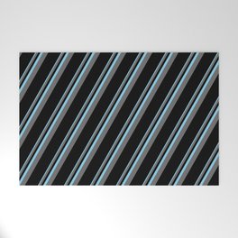 [ Thumbnail: Sky Blue, Dim Grey, and Black Colored Pattern of Stripes Welcome Mat ]