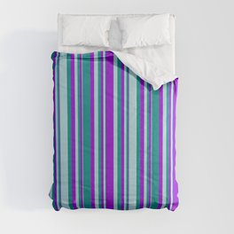 [ Thumbnail: Dark Violet, Dark Cyan, and Powder Blue Colored Lines/Stripes Pattern Comforter ]