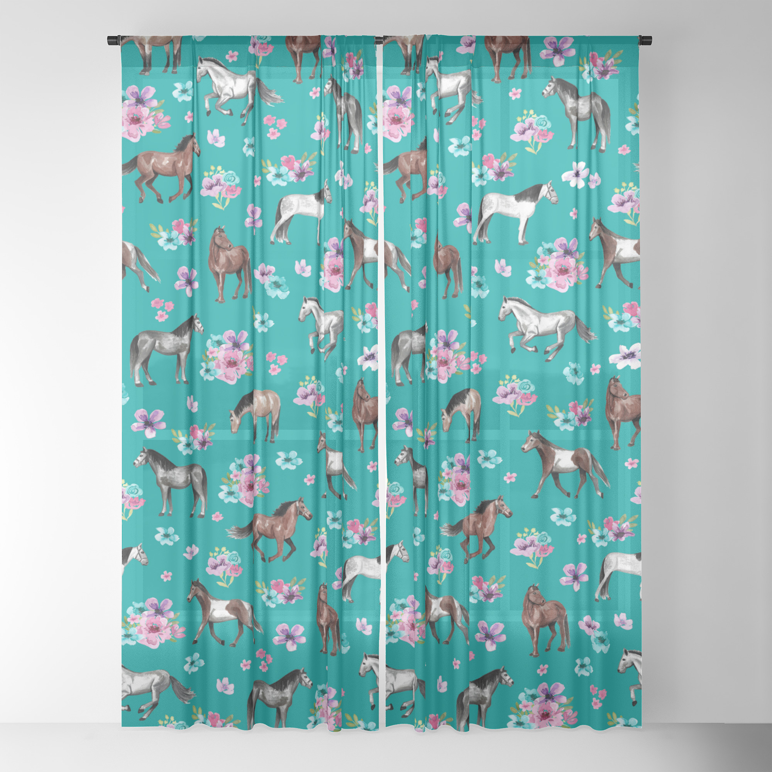 Horse Pattern Floral Print Turquoise Little Girls Room Horses