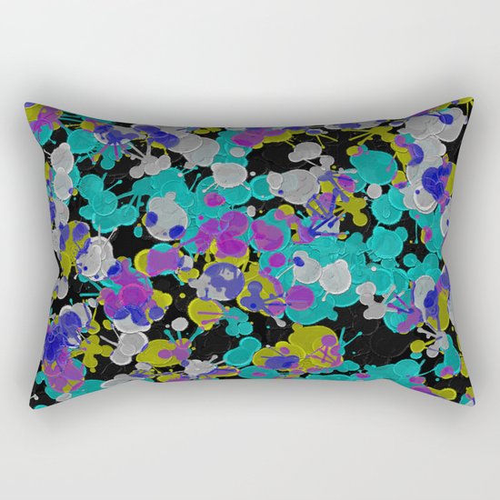 Dark Splatter - Abstract, paint splatter pattern in black, cyan, yellow, white and green Rectangular Pillow
