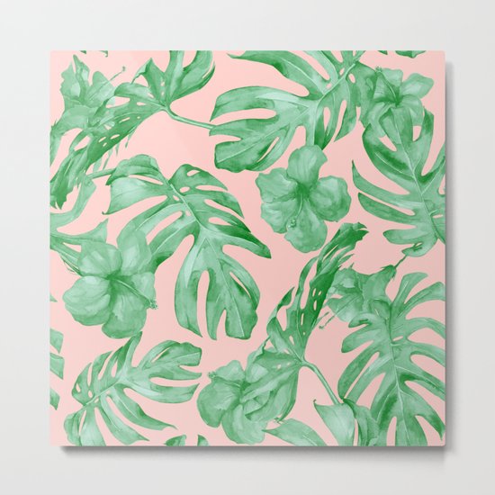 Island Life Coral Pink + Green Metal Print