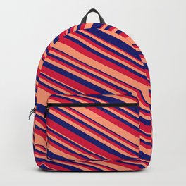 [ Thumbnail: Light Salmon, Midnight Blue & Crimson Colored Lines/Stripes Pattern Backpack ]