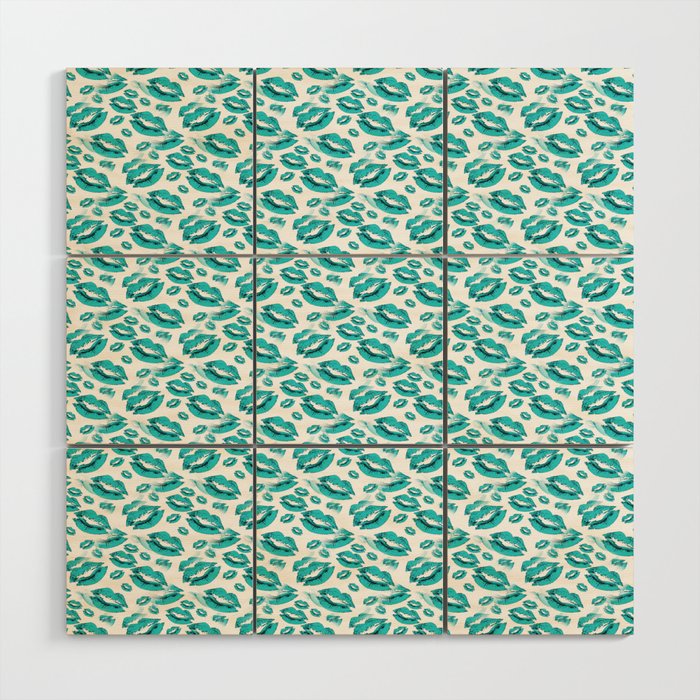 Two Kisses Collided Turquoise Lips Pattern On White Background Wood Wall Art