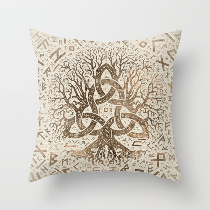 Tree of life with Triquetra and Futhark Pastel gold Throw Pillow
