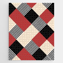 Diamond Plaid Stripes Harlequin Red Black White Beige Jigsaw Puzzle