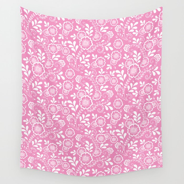 Pink And White Eastern Floral Pattern Wall Tapestry