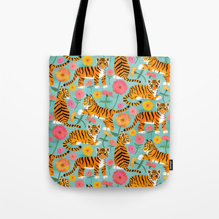 Tiger Cubs and Zinnias on Turquoise Tote Bag