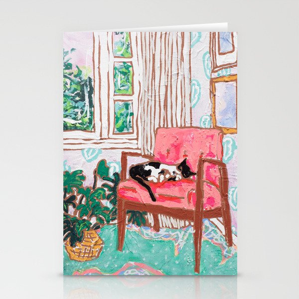Little Naps - Tuxedo Cat Napping in a Pink Mid-Century Chair by the Window Stationery Cards