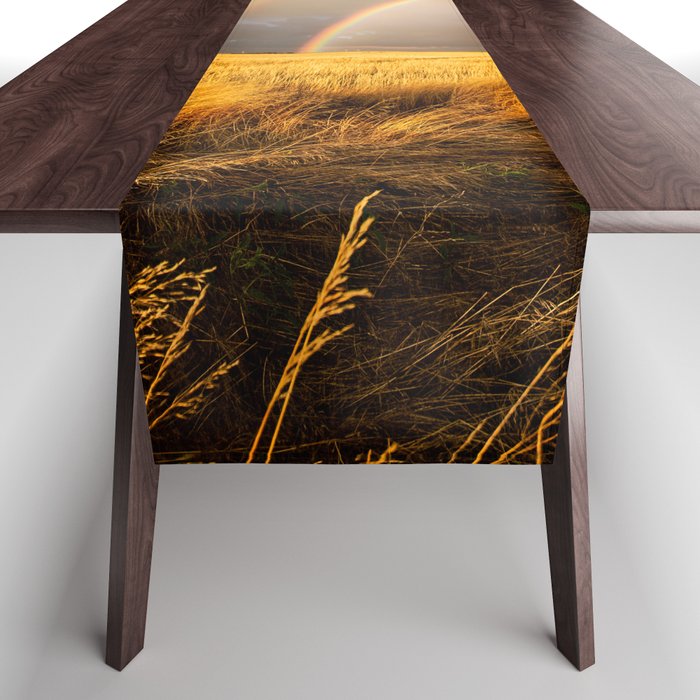 Pot O' Gold - Brilliant Rainbow Ends in Golden Wheat Field on Autumn Day in Kansas Table Runner