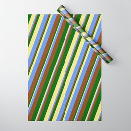 [ Thumbnail: Tan, Cornflower Blue, Brown, and Dark Green Colored Lines/Stripes Pattern Wrapping Paper ]