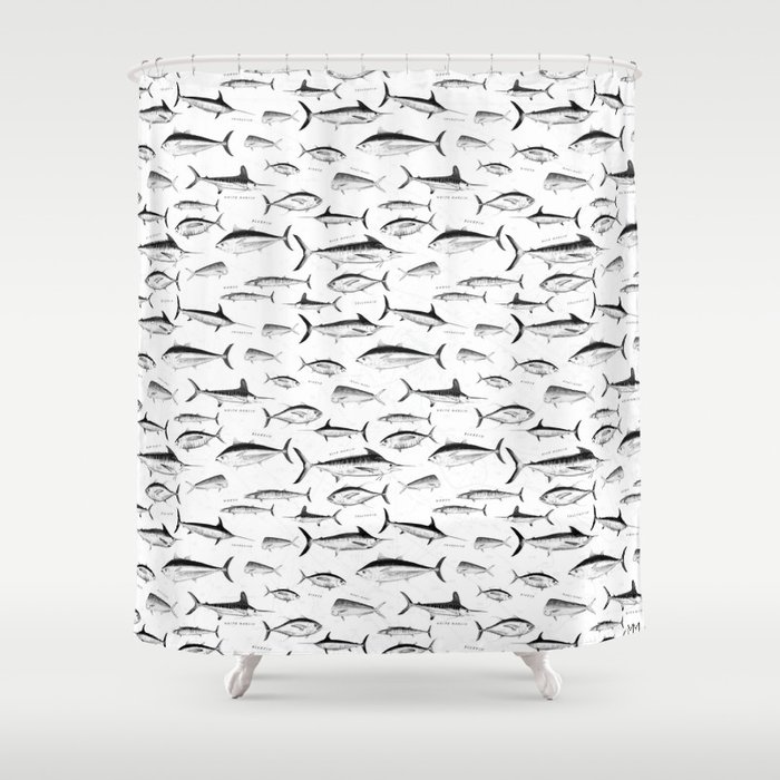 Tuna, Marlin, Wahoo, Swordfish, Mahi-Mahi Hand Illustrated Sport Fish Pattern; Grayscale, Labels Shower Curtain
