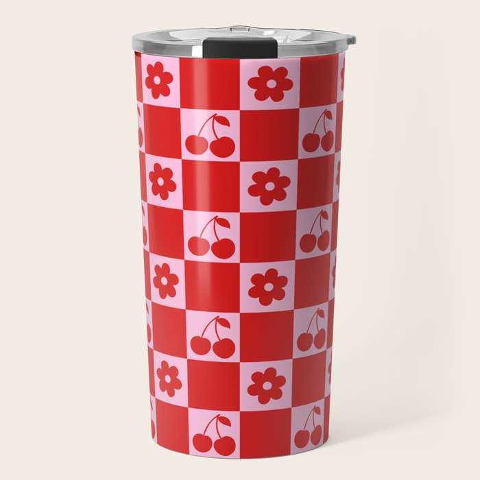 Cherry Flowers Pink & Red Checker Travel Mug by thespacehouse Society6