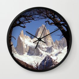 Argentina Photography - Huge Snowy Mountains Seen From Between Two Trees Wall Clock