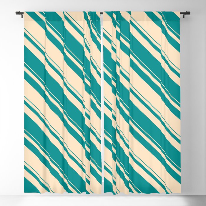 Dark Cyan & Bisque Colored Stripes/Lines Pattern Blackout Curtain