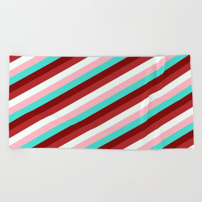 Light Pink, Turquoise, Maroon, Red, and Mint Cream Colored Lined/Striped Pattern Beach Towel
