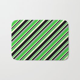[ Thumbnail: Dark Grey, Lime Green, Light Yellow, and Black Colored Pattern of Stripes Bath Mat ]