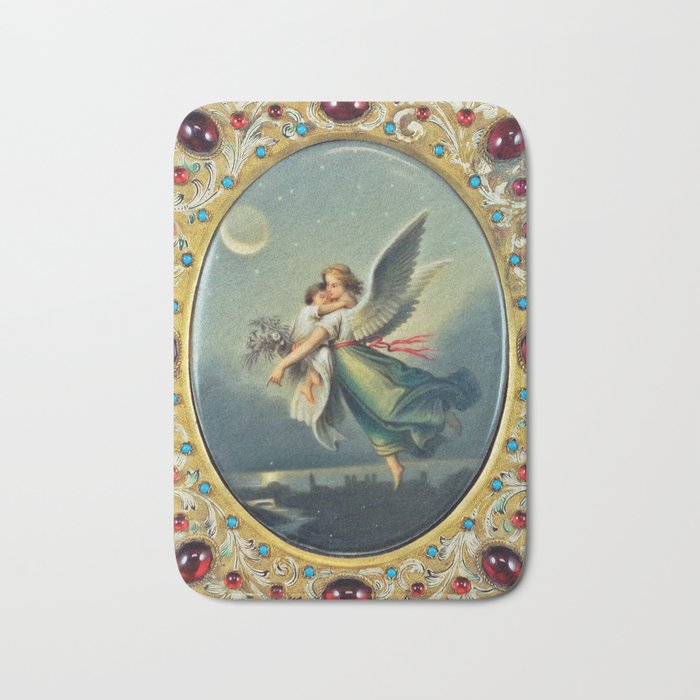 The Guardian Angel in flight over twilight in the city bejeweled portrait painting Bath Mat