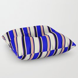 [ Thumbnail: Light Yellow, Dark Salmon, Blue, and Black Colored Striped/Lined Pattern Floor Pillow ]