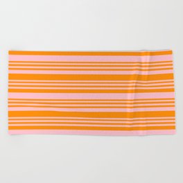 [ Thumbnail: Pink & Dark Orange Colored Lined Pattern Beach Towel ]