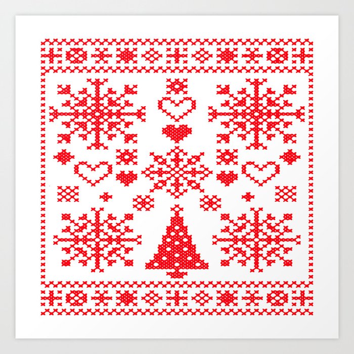 Christmas Cross Stitch Embroidery Sampler Red And White Art Print