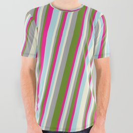 [ Thumbnail: Beige, Dark Gray, Green, Deep Pink, and Powder Blue Colored Stripes Pattern All Over Graphic Tee ]