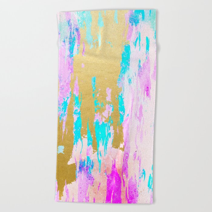 Meraki, Abstract Gold Painting, Colorful Graphic Design, Golden Pink Blue Eclectic Luxe Illustration Beach Towel