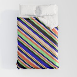 [ Thumbnail: Eye-catching Blue, Bisque, Red, Green, and Black Colored Lines/Stripes Pattern Duvet Cover ]
