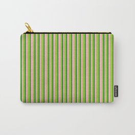 [ Thumbnail: Light Pink, Green & Forest Green Colored Lines Pattern Carry-All Pouch ]