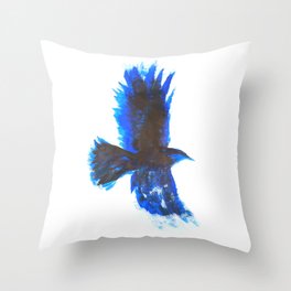 Crow Flying East - Blue Black Painting Throw Pillow