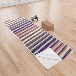 [ Thumbnail: Light Coral, Midnight Blue, Dim Grey, and Light Yellow Colored Stripes Pattern Yoga Towel ]