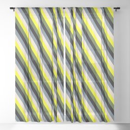 [ Thumbnail: Eyecatching Yellow, Dark Olive Green, Black, Slate Gray, and Beige Colored Lined Pattern Sheer Curtain ]