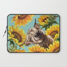 Highland Cow with Sunflowers in Blue Laptop Sleeve