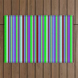 [ Thumbnail: Vibrant Maroon, Powder Blue, Lime, Purple & Cornflower Blue Colored Striped Pattern Outdoor Rug ]