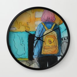 The Girl With the Yellow Backpack Wall Clock