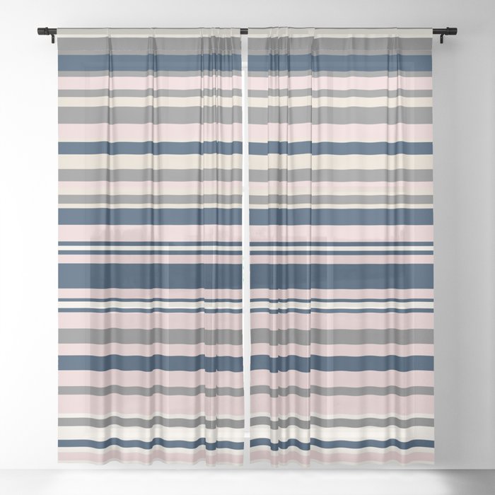 Multi Stripes in Navy Blue, Ivory Beige, Blush Pink, and Charcoal Grey Sheer Curtain